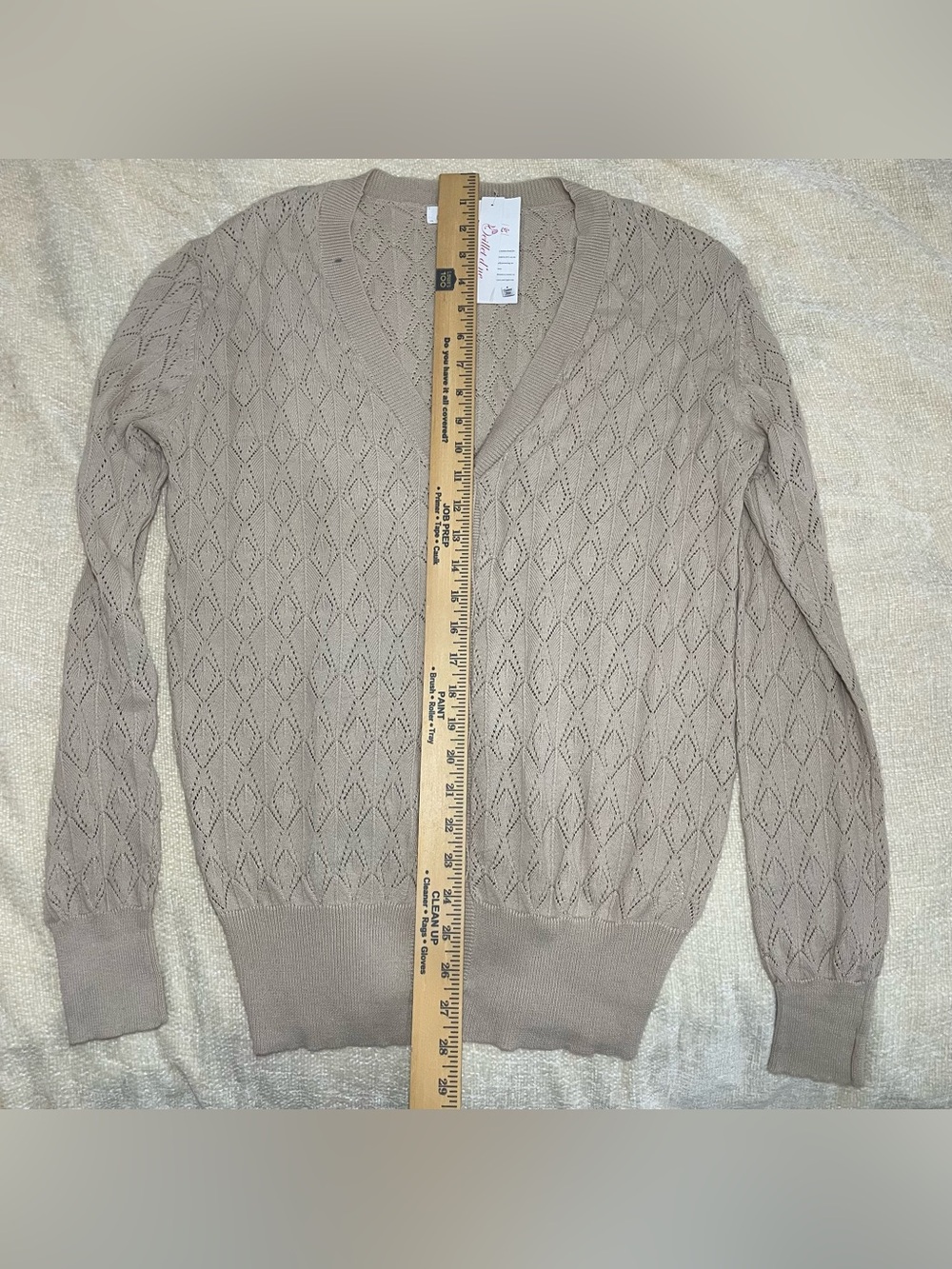 Light Beige Woman Openwork V-Neck Button Cardigan size L 100% Cotton - Picture 7 of 10